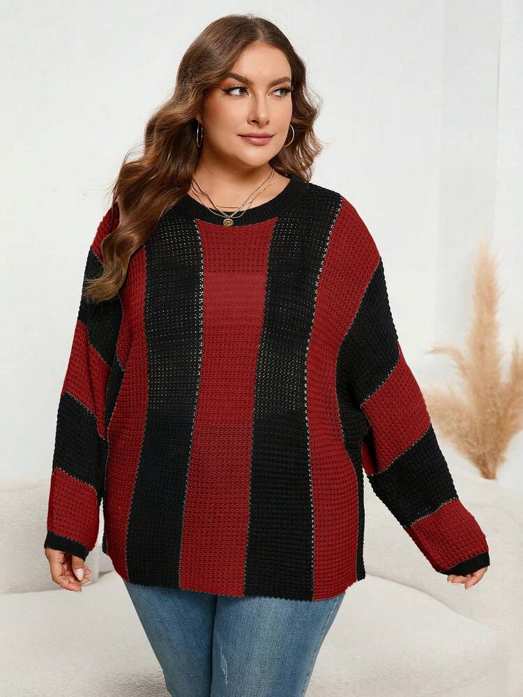 Plus Color Block Drop Shoulder Sweater Knit Pullover Fall Winter Sweater