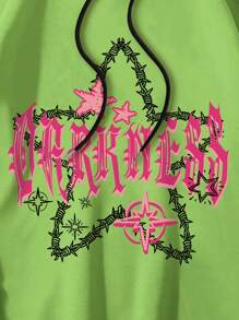 ROMWE MEN Street Life Các bạn Đồ họa Chữ cái Dây rút Lót nhiệt Hoodie - màu xanh lá - Xem 4