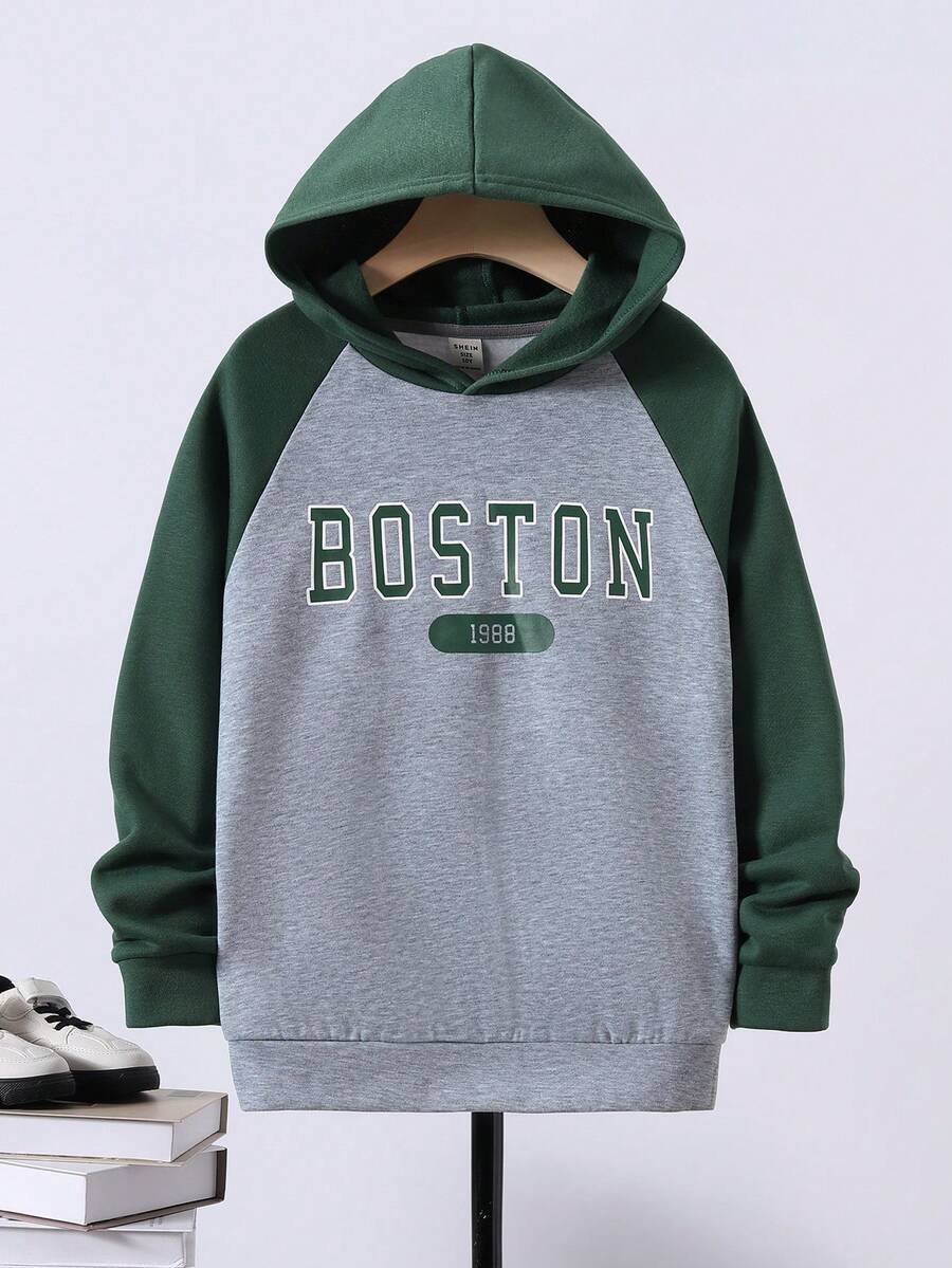 SHEIN Áo nỉ tay raglan in chữ dành cho bé trai tuổi teen - màu xanh lá - Xem 1