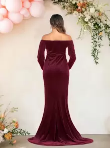 优雅丝绒V领长袖修身孕妇连衣裙，适合参加迎婴派对和拍照活动 - 酒紅色 - 查看 2