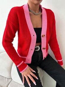 EURMUSE Viền tương phản Thả vai Áo len Mở - Đỏ - Xem 4