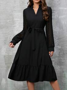 SHEIN Clasi 網紗拼接燈籠袖荷葉邊繫腰帶連衣裙 - 黑色 - 查看 3