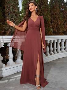 UNITHORSE 斗篷袖高衩雪紡及地伴娘洋裝 - 紅木色 - 查看 4