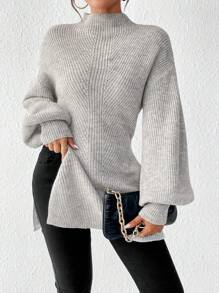 SHEIN Frenchy 小高領落肩袖下擺開叉套頭毛衣 - 灰色 - 查看 1