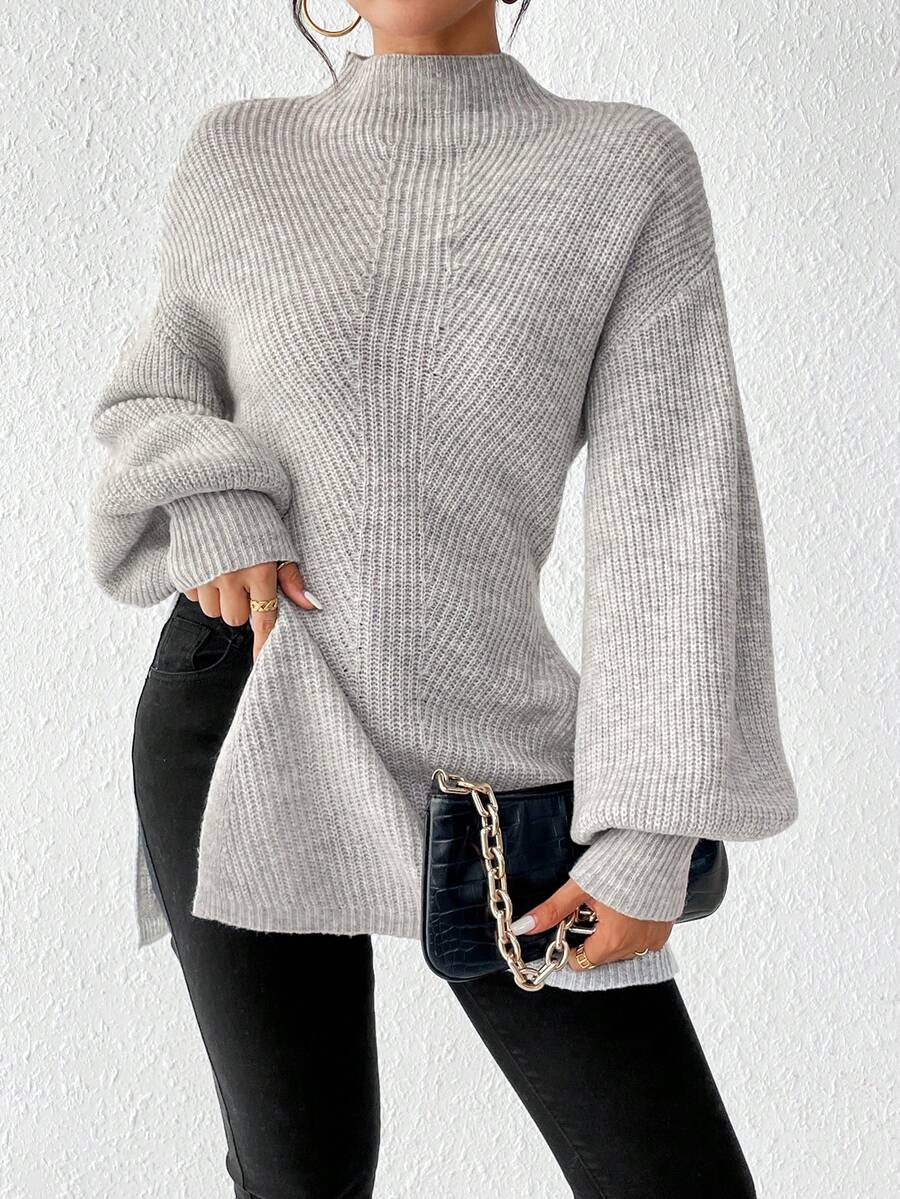 SHEIN Frenchy 小高領落肩袖下擺開叉套頭毛衣 - 灰色 - 查看 1