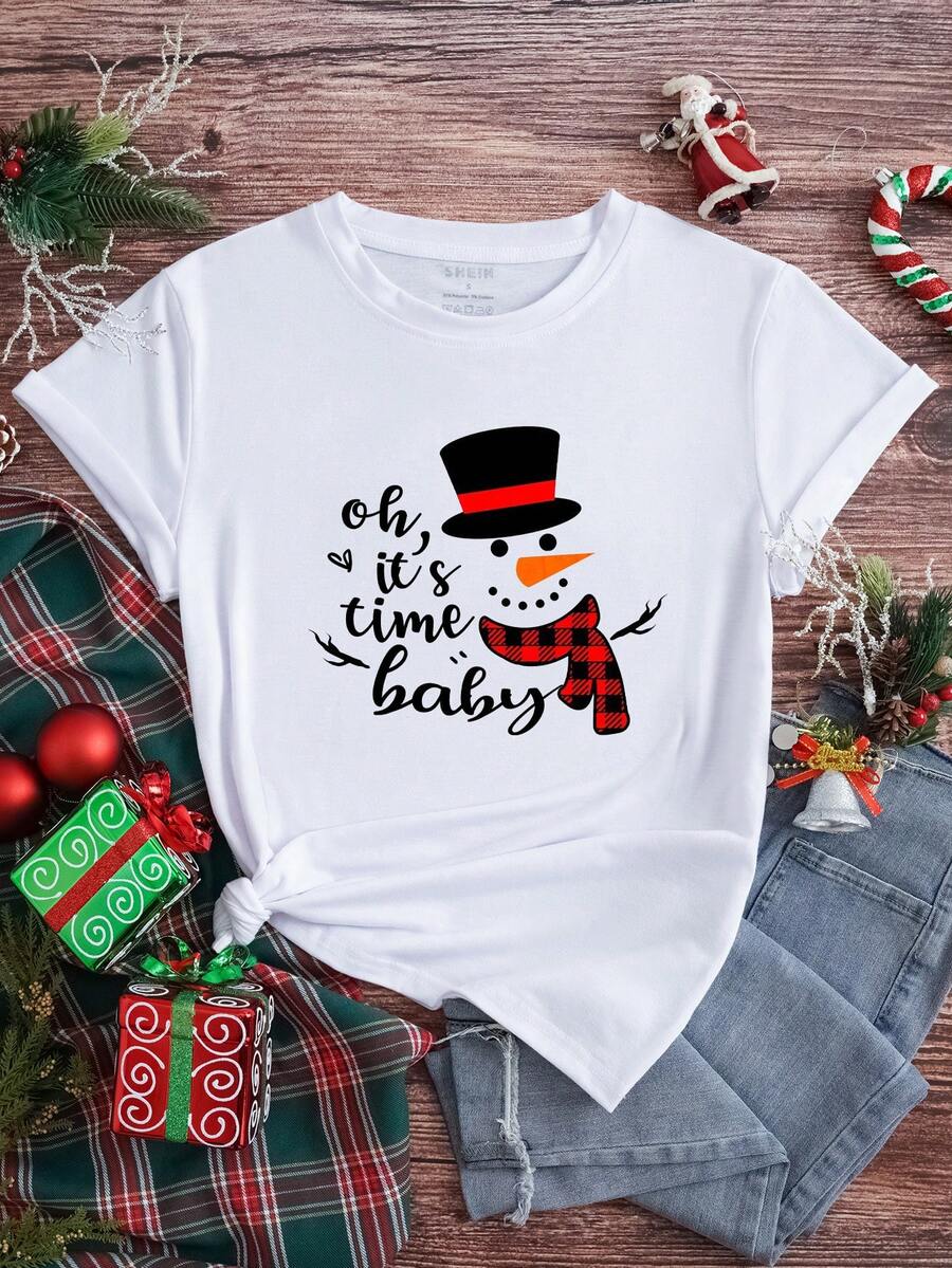 SHEIN EZwear Christmas Snowman & Slogan Graphic Tee - White - View 1