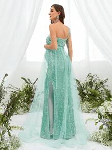 Maternity One Shoulder Sequin Mesh Formal Elegant Dress, For Party - Mint Green - View 2