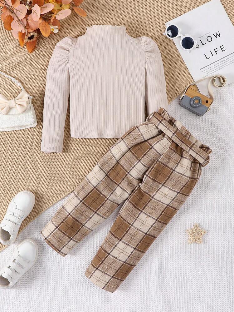 Young Girl Mock Neck Gigot Sleeve Tee & Plaid Print Belted Pants