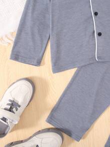 SHEIN Young Boy Contrast Piping Pocket Patched PJ Set - Blue - View 4