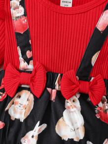 女嬰卡通圖案荷葉邊前蝴蝶結二合一連身背心＆ 頭巾 - 彩色 - 查看 5