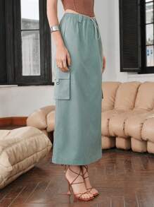Flap Pocket Side Drawstring Waist Cargo Skirt - Green - View 5