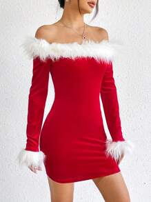 SHEIN Privé Off Shoulder Fuzzy Trim Velvet Bodycon Dress - Red - View 4