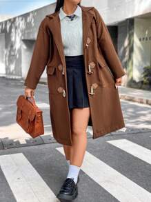 Flirla Plus Flap Pocket Drop Shoulder Duffle Overcoat - Brown - View 1