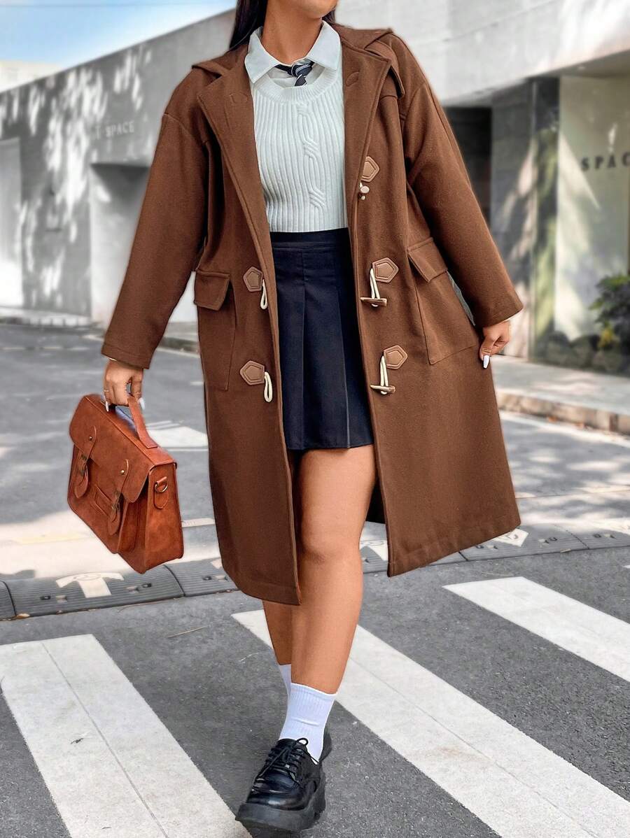 Flirla Plus Flap Pocket Drop Shoulder Duffle Overcoat - Brown - View 1