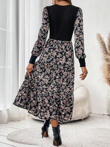 SHEIN Frenchy Vestido con estampado floral de manga farol bajo con fruncido - Negro - Ver 2