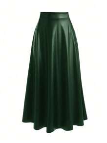 Women's Casual Solid Color Elastic Waist Flare Skirt, High Waist A-Line Skirt, Commute & Daily Wear Skirt, Minimalist Slimming Skirt, Faux Leather Skirt - View 1