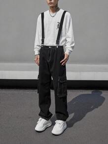 Manfinity 男士頂針側翻蓋口袋牛仔連身褲不帶T恤 - 黑色 - 查看 1