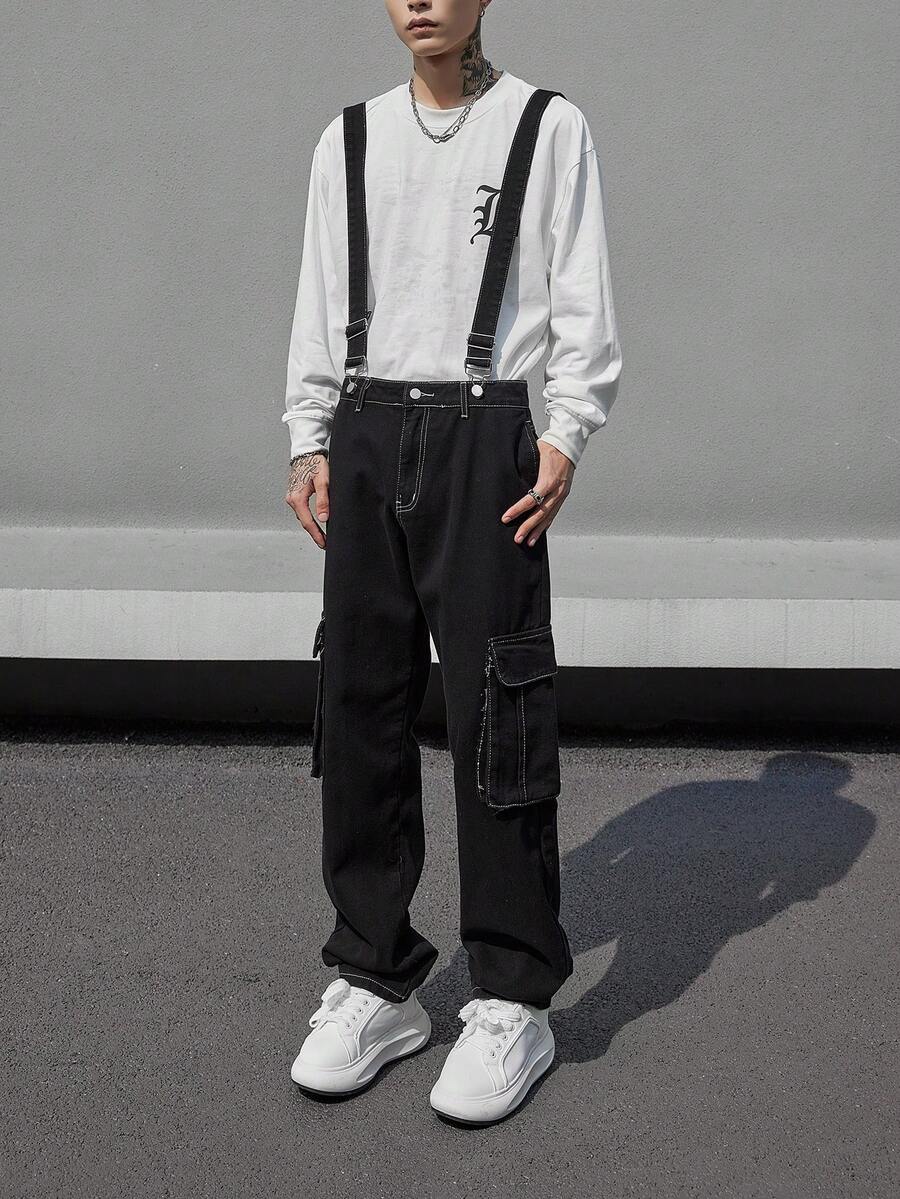 Manfinity 男士頂針側翻蓋口袋牛仔連身褲不帶T恤 - 黑色 - 查看 1