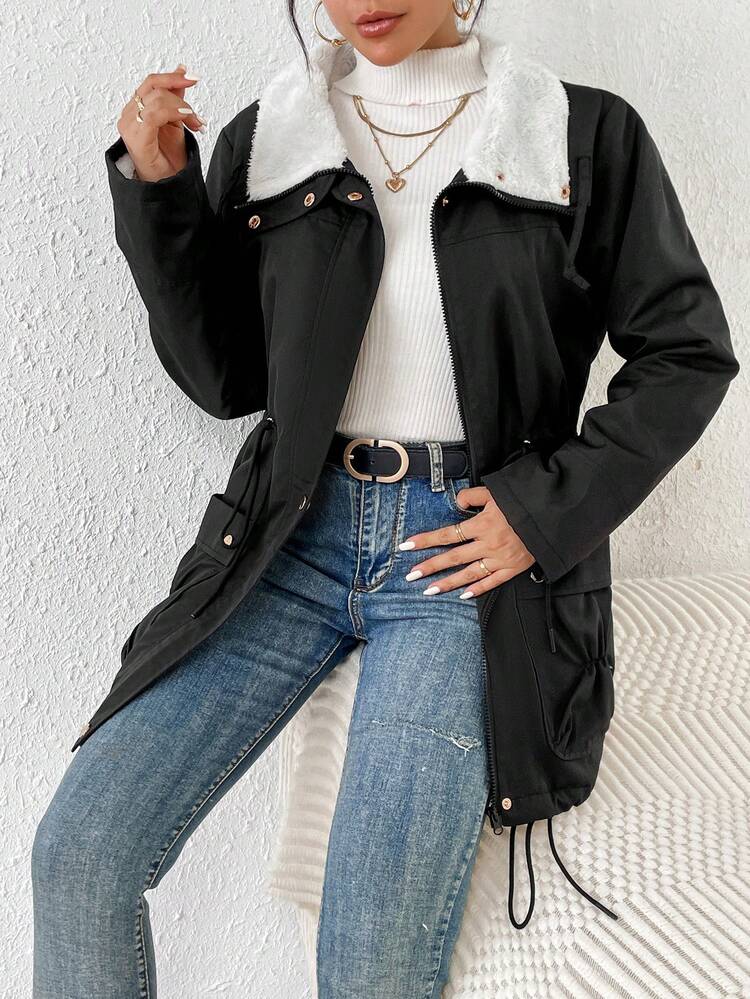 Borg Collar Drawstring Hem Padded Coat Winter Black Casual