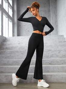 SHEIN Camisa Esportiva De Malha De Cor Sólida Cruzada Com Decote Em V Para Adolescente Do Sexo Feminino