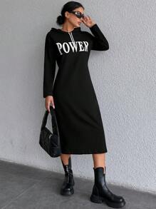 EURMUSE Letter Print Hoodie Loose Dress - Black - View 3