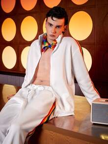 Manfinity Men Rainbow Striped Tape Side Jacket & Pants - White - View 3