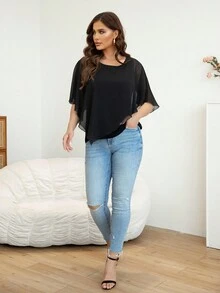 AAmilife Plus Size Solid Batwing Sleeve Top Black Summer - Black - View 3