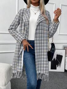 SHEIN LUNE Mantel mit Plaid Muster, Fransen, offener Front, - Schwarz und Weiss - Übersicht 1