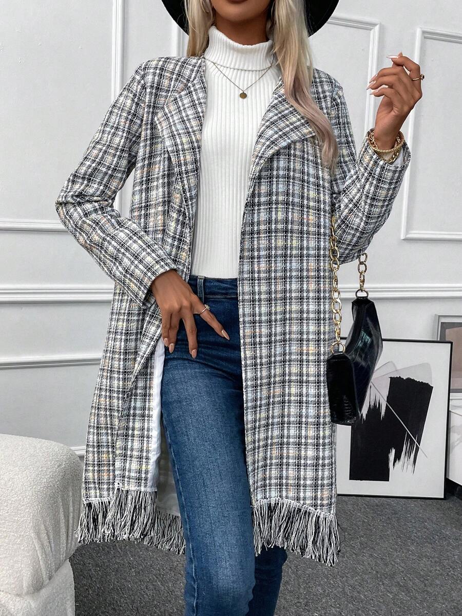 SHEIN LUNE In kẻ sọc Fringe Hem Mở Mặt trước Áo khoác - Đen và trắng - Xem 1