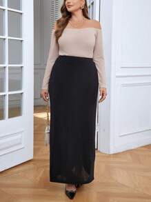 SHEIN Privé Plus Off Shoulder Ribbed Knit Tee - Apricot - View 1