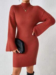 SHEIN Essnce 小高領落肩袖毛衣洋裝不附腰帶 - 棕色 - 查看 4