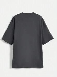 Garabateo Sunflower & Letter Graphic Drop Shoulder Tee - Dark Grey - View 2
