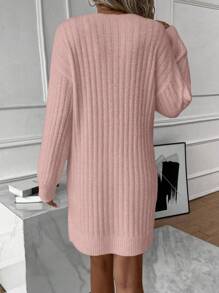 SHEIN Essnce Vestido de punto de hombros caídos tejido de canalé sin cinturón - Rosa - Ver 2