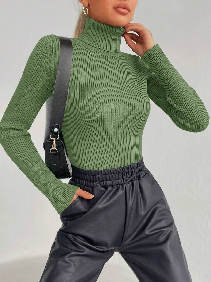 RueChic Women's Plain Simple Turtleneck Sweater Pullover - Green - View 1