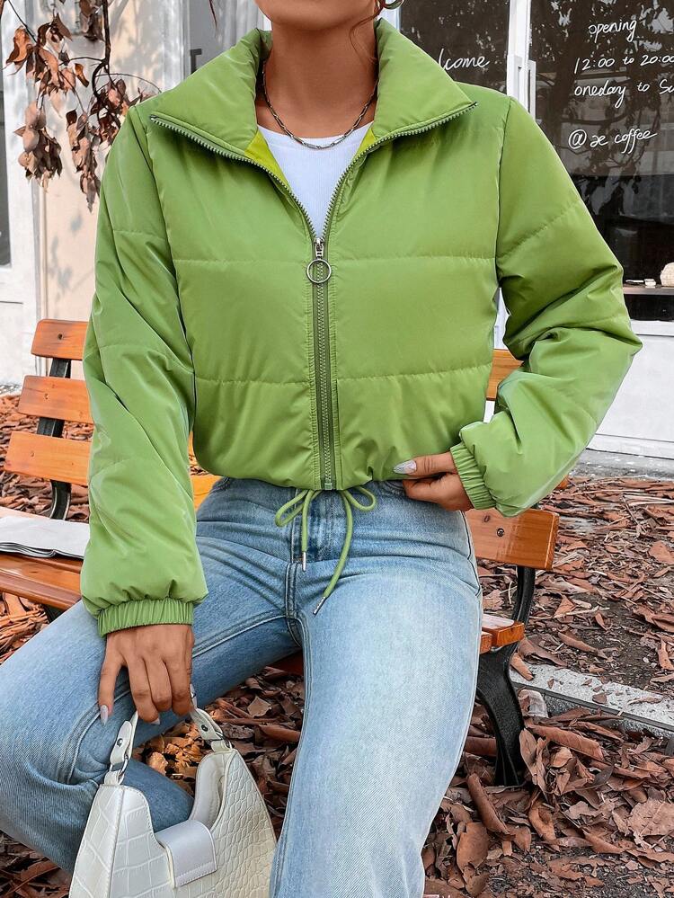 Zip Up Drawstring Hem Padded Padded Coat Clothes Winter