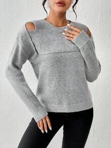 SHEIN Essnce 前鏤空落肩袖套頭毛衣 - 灰色 - 查看 5