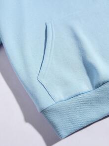 SHEIN EZwear Slogan Graphic Kangaroo Pocket Drawstring Thermal Hoodie - Blue - View 3