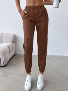 EURMUSE Women'S Elastic Waist Flap Pocket Tapered Joggers