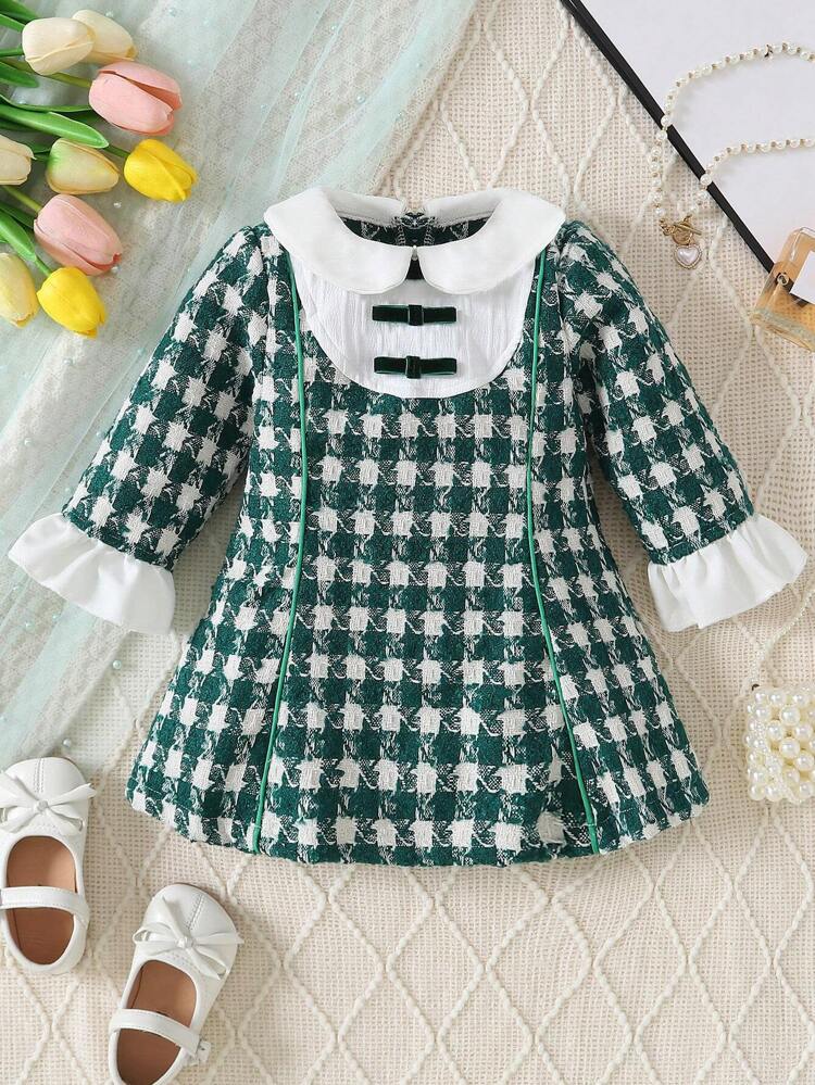 Baby Girl Plaid Print Peter Pan Collar Flounce Sleeve Dress