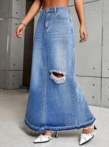 SHEIN ICON Falda en mezclilla ribete crudo desgarro con bolsillo oblicuo - Lavado ligero - Ver 1