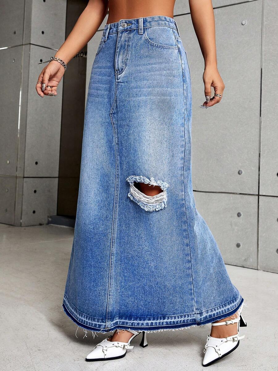 SHEIN ICON Falda en mezclilla ribete crudo desgarro con bolsillo oblicuo - Lavado ligero - Ver 1