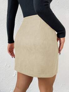 SHEIN Essnce 拉鏈開襟下擺開叉直筒半身裙 - 杏色 - 查看 2