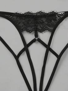 Women Black Halter Lace Cut Out Sheer Sexy Lingerie Set - Black - View 5