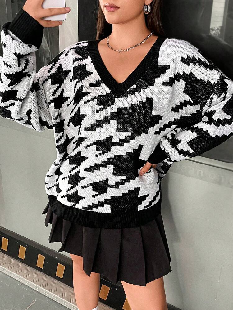 Plus Size Dropped Shoulder Houndstooth Sweater Knit Pullover Fall Winter Sweater