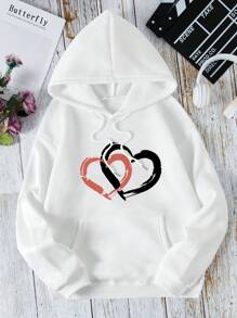 SHEIN EZwear 愛心圖案袋鼠口袋抽繩保暖連帽衫 - 白色 - 查看 1