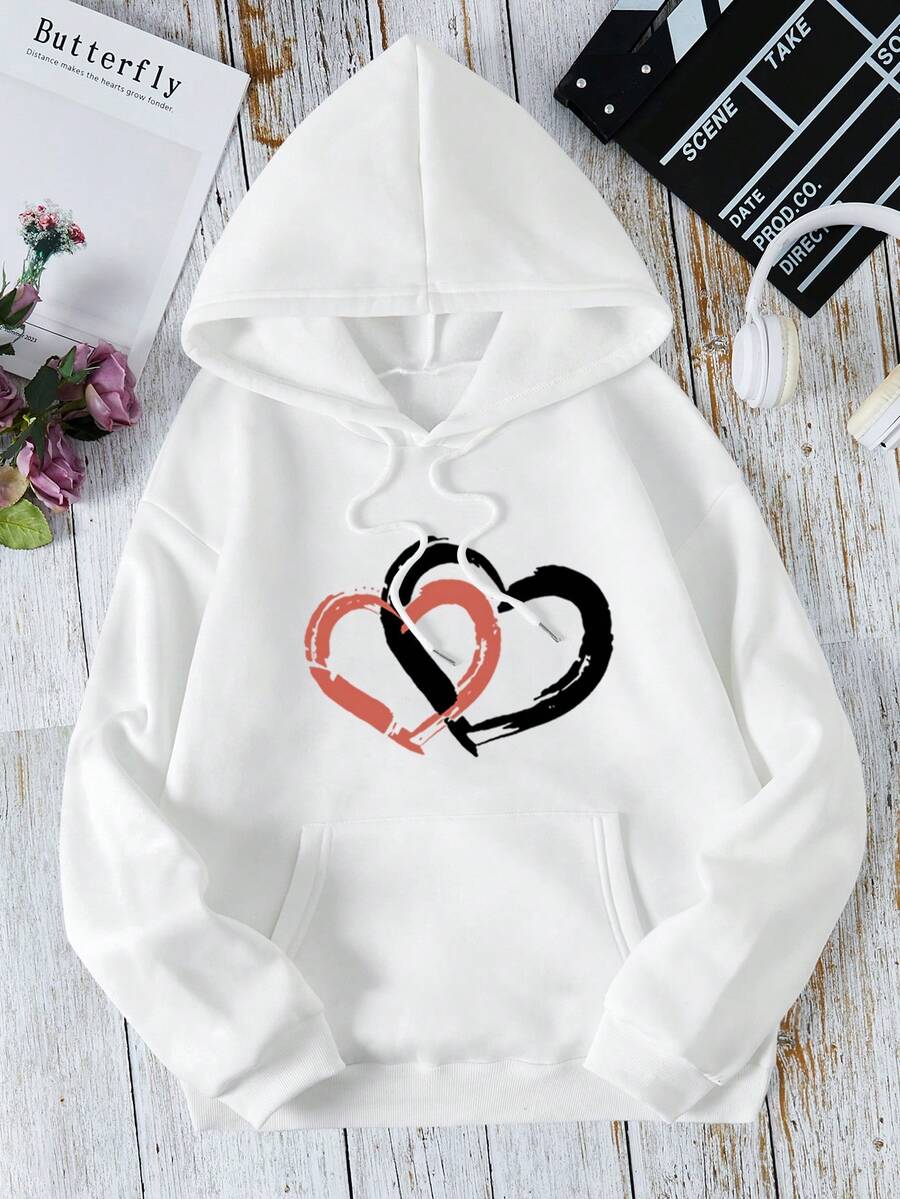 SHEIN EZwear 愛心圖案袋鼠口袋抽繩保暖連帽衫 - 白色 - 查看 1