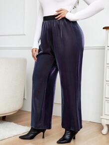 SHEIN CURVE+ Plus High Waist Velvet Wide Leg Pants - Multicolor - View 4