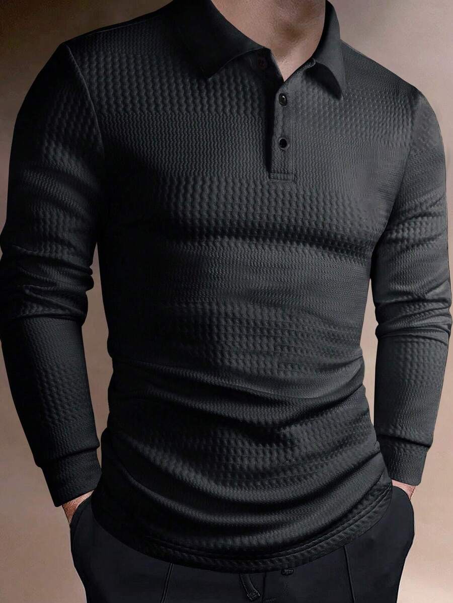 Manfinity Mode Men Solid Textured Polo Shirt, Fall, Long Sleeve Top - Black - View 1