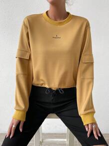 SHEIN Unity 字母图案落肩套头卫衣，秋季卫衣 - 卡其色 - 查看 6