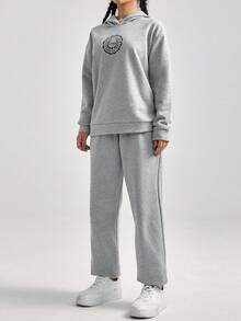 Cartoon Graphic Drop Shoulder Hoodie & Sweatpants - Grey - View 4